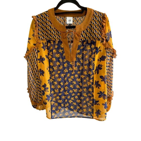 Cabi Harmony Gold Navy Ruffle Floral Peasant Blouse top Cottage Core XS Boho - Picture 1 of 7